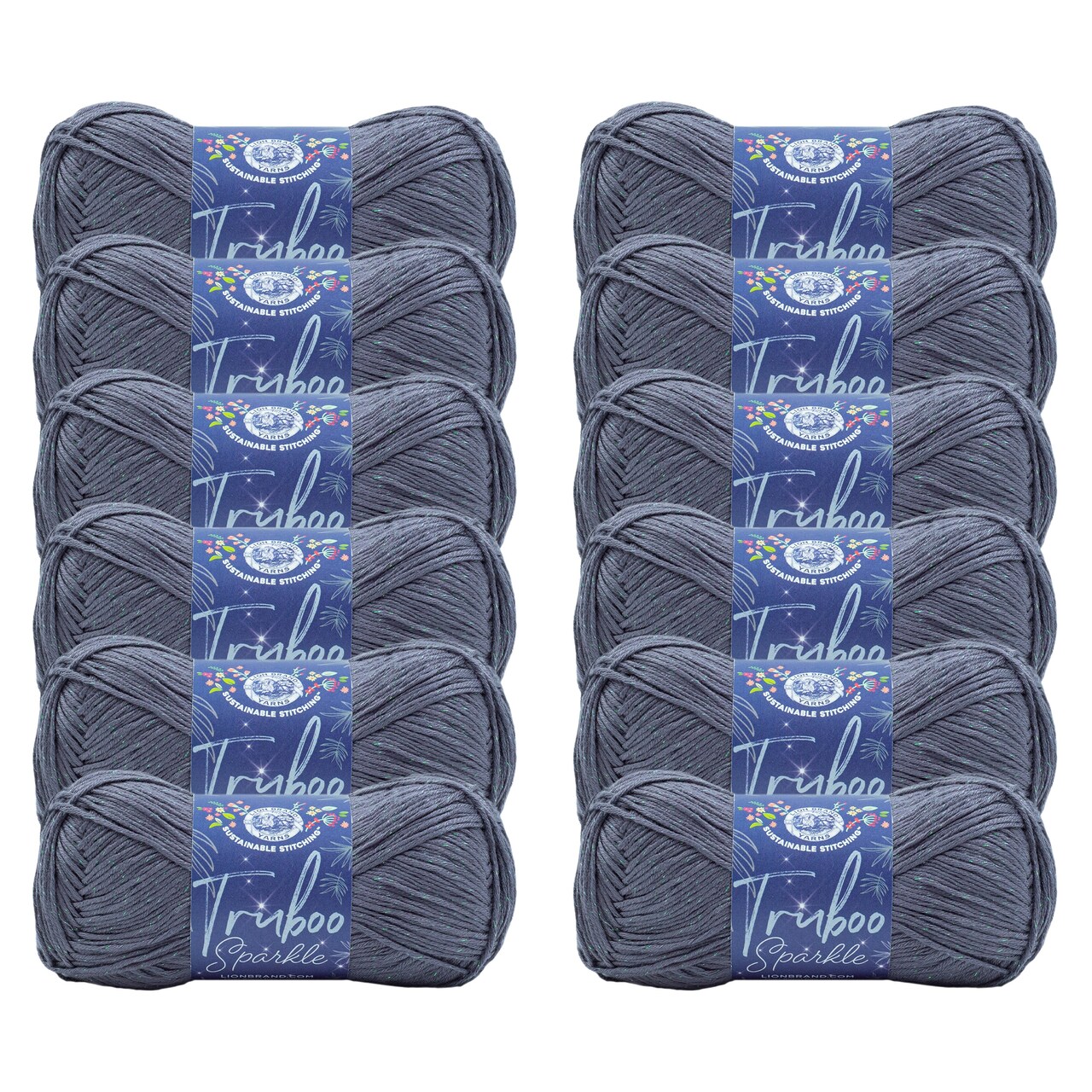 Lion Brand Yarn Truboo Sparkle Thunder Light Weight Rayon from Bamboo, Polyester Grey Yarn 12 Pack